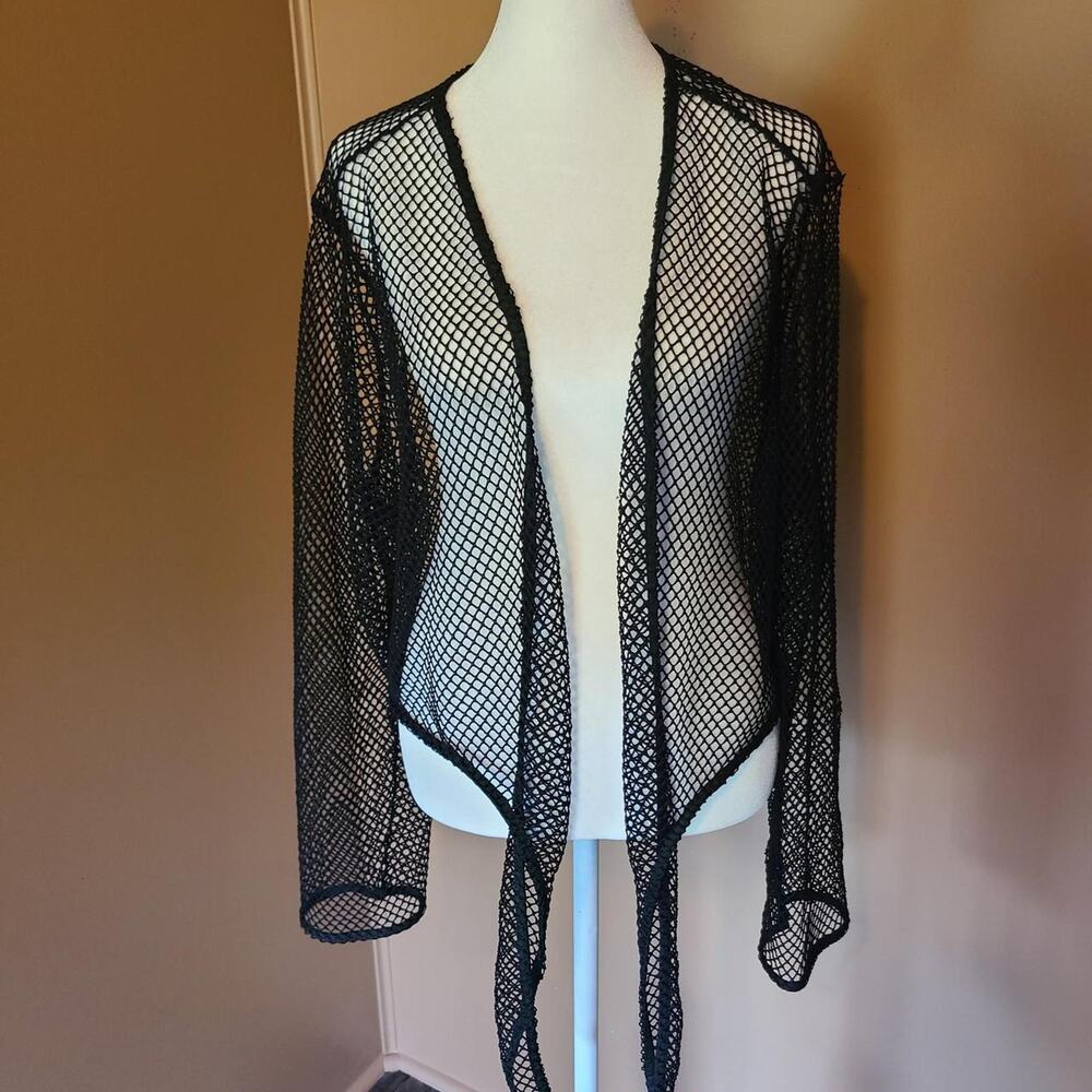 Vintage OPPA! Black Fishnet Mesh Tie Front Shrug Cropped Cardigan Bolero Medium